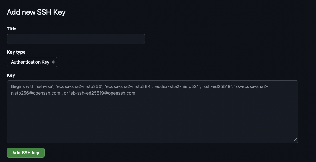 GitHub "Add new SSH Key" form